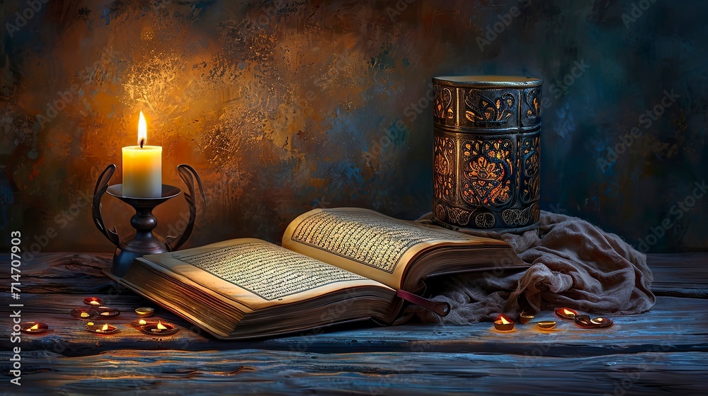 Ramadan Wallpaper idea, A book and candle lamp on a table. Ramadan Wallpaper idea, A book and candle lamp on a table.