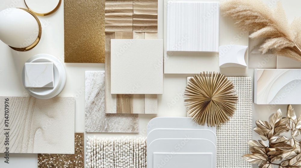 Modern flat lay composition in white and gold color palette with textile and paint samples, lamella panels and tiles. Architect and interior designer moodboard. Top view. Copy space. Template