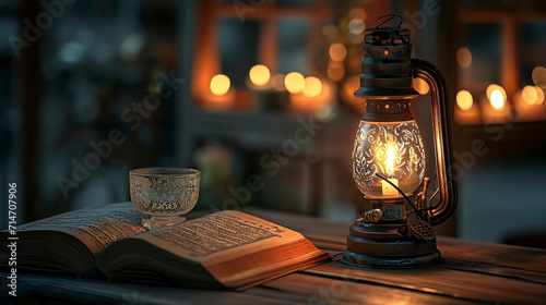 Ramadan Wallpaper idea, A book and candle lamp on a table. 