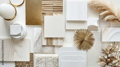Modern flat lay composition in white and gold color palette with textile and paint samples, lamella panels and tiles. Architect and interior designer moodboard. Top view. Copy space. Template  photo