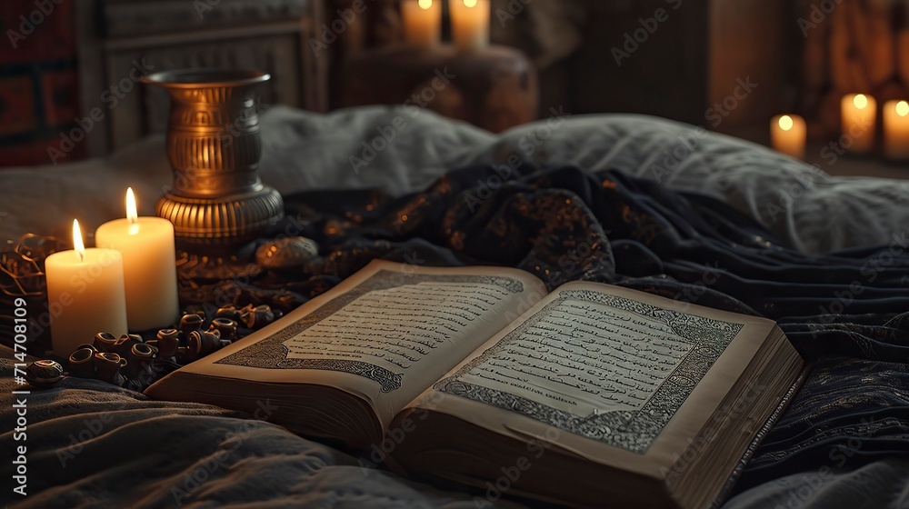 Ramadan Wallpaper idea, A book and candle lamp on a table. 