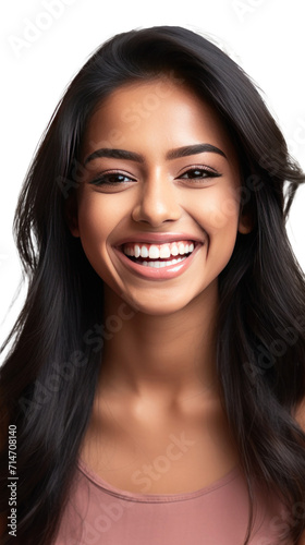 A beautiful young indian model woman smiling with clean teeth isolated on a transparent background.