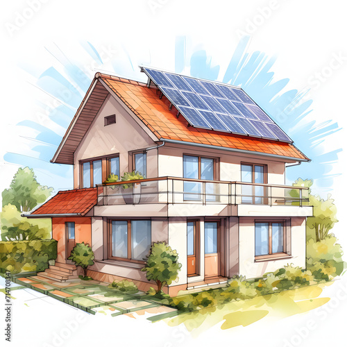 Solar panels on a residential rooftop isolated on white background, sketch, png 