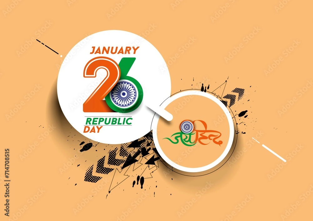 Fototapeta premium 26 January - Happy Republic Day of India Banner Design. Indian Republic Day Celebration with Indian Flag Waves and Text. Famous Indian Landmarks with Ashoka Chakra