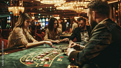 Upper class friends gambling in a casino, at table photo