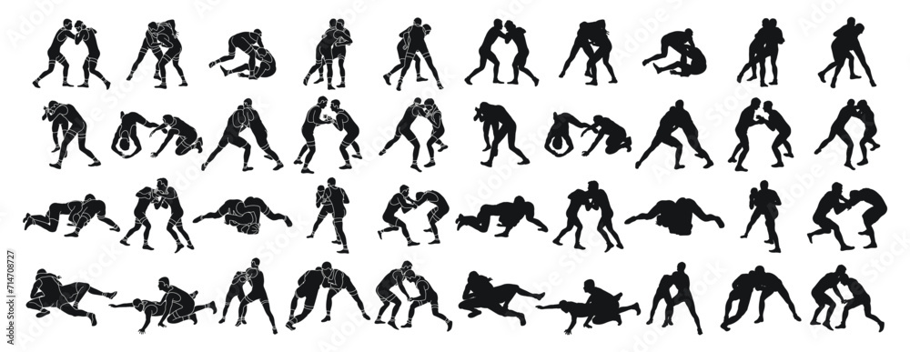 Set of silhouettes of active Greco Roman wrestling of two men, isolated vector