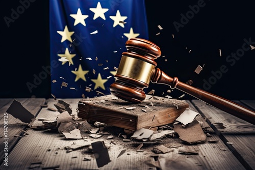 The hammer of the European judge strikes and shatters into a thousand pieces. Laws of the European Union. European flag on the background.