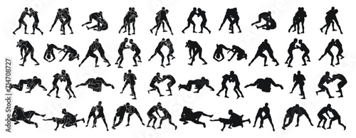 Set of silhouettes of active Greco Roman wrestling of two men, isolated vector photo