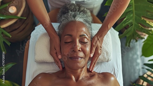 Close-up of a senior African American woman enjoying a relaxing shoulder massage in a serene spa setting