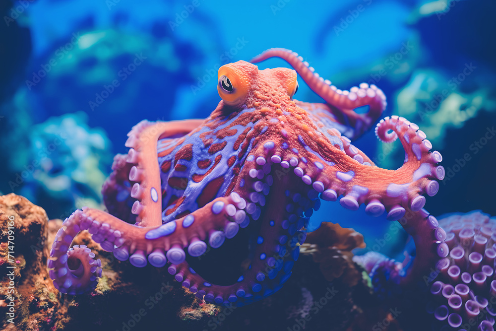 Octopus with tentacles and suckers under ocean or sea water in depth Octopus with tentacles and suckers under ocean or sea water in depth