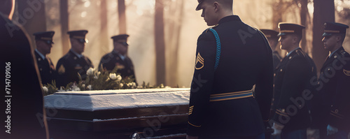 Combat colleagues at farewell ceremony for dead soldier in coffin covered with snow photo