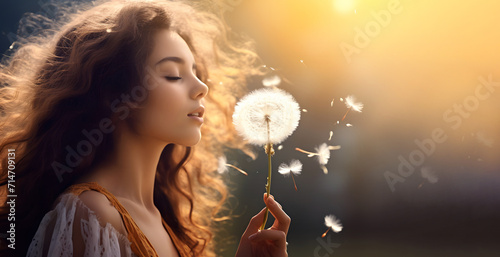 Young woman blowing on fluffy dandelion flower on blurred natural background photo