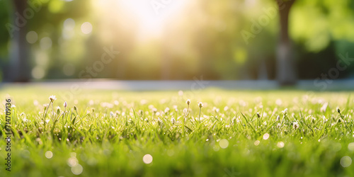 Lawn with trimmed green grass in city park is illuminated by sunlight