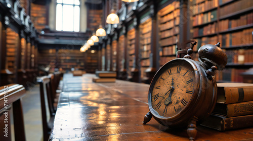 Antique clock on a table with a book, representing the concept of time and history.