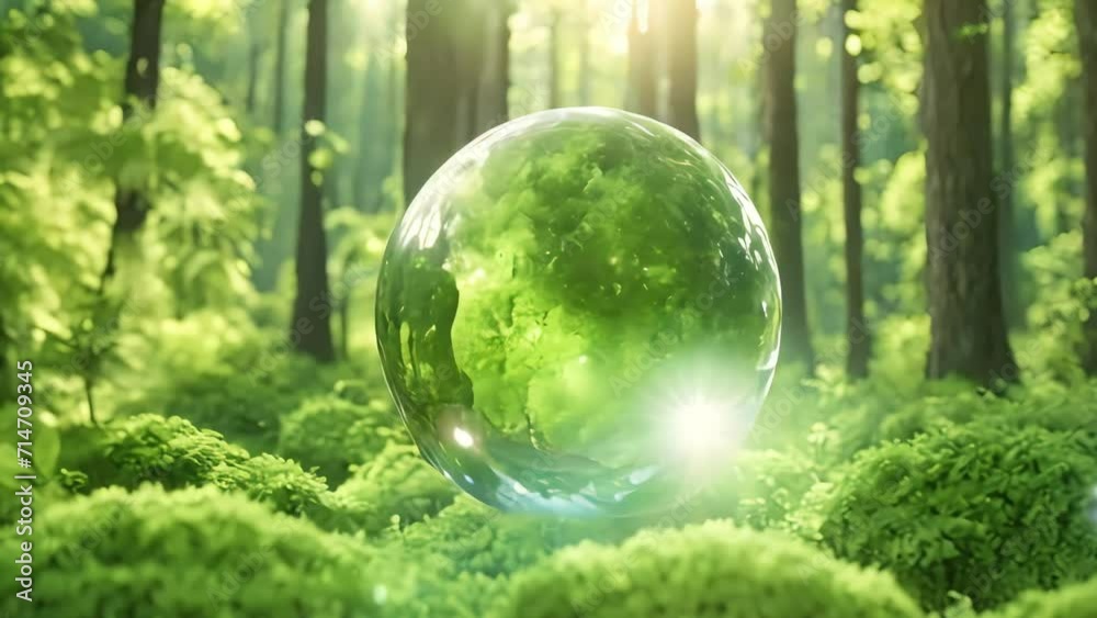 A sphere of water floating in the air background of a green forest. clean ecological environment. Generative AI A sphere of water floating in the air background of a green forest. clean ecological environment. Generative AI