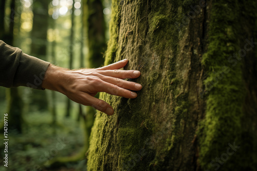 Hand on mossy trunk of tree trunk in the wild forest. Forest ecology. Wild nature, wild life