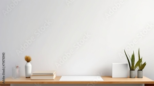 Workspace - office table, books, empty desk with books near a light wall, space for text and copying, display case with goods