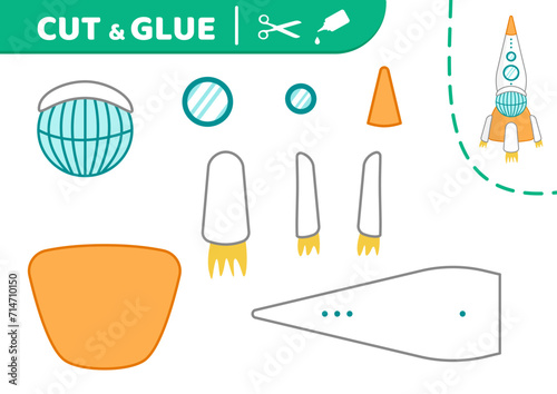 Orange rocket with turbines. Cut and glue. Rocket. Applique. Paper game. Vector