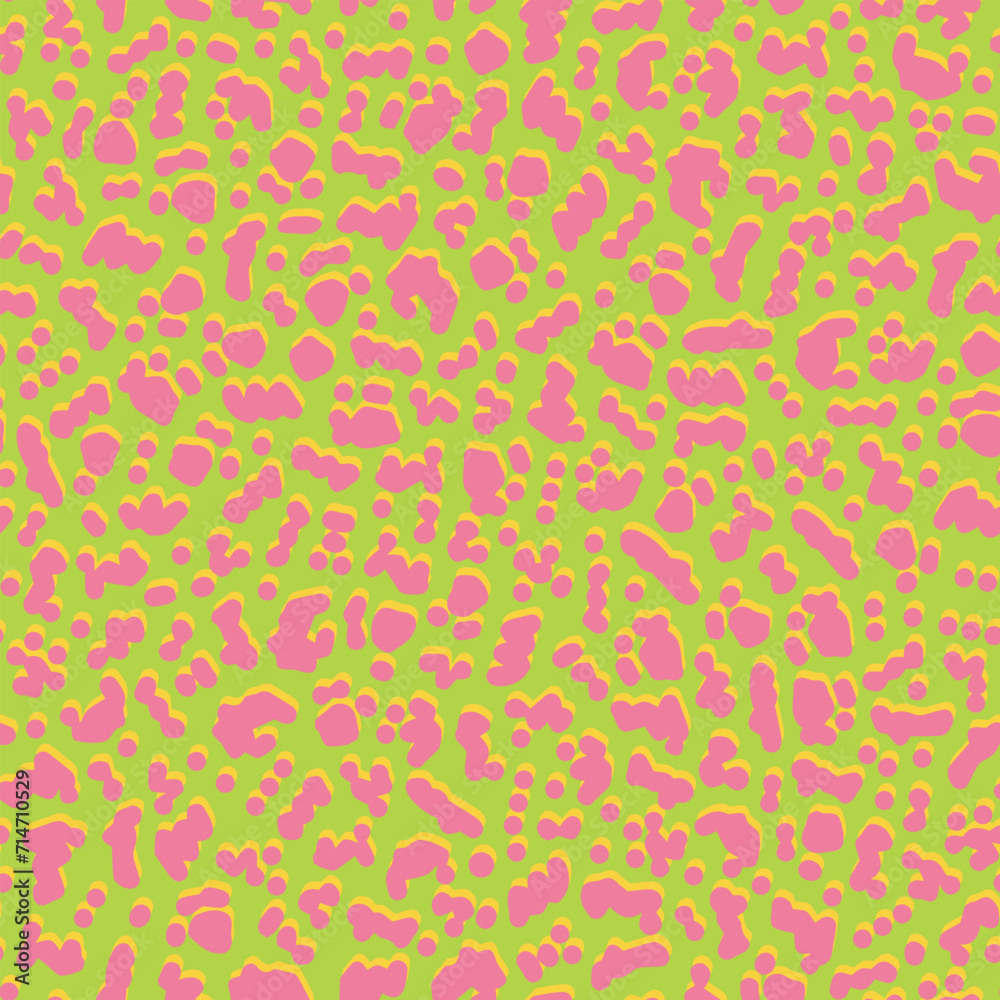 Pink abstract glued dots seamless repeat pattern. Random placed, vector animal skin aop, all over surface print on lime green background. Pink abstract glued dots seamless repeat pattern. Random placed, vector animal skin aop, all over surface print on lime green background.
