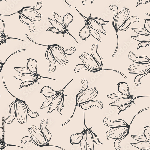 Hand drawn flowers seamless repeat pattern. Random placed, vector botanical elements aop all over surface print on beige background. photo