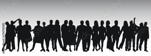 Black silhouette of young couples of guys and girls, crowd, group, team, band, isolated vector