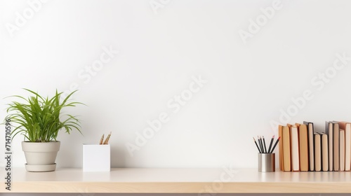 Workspace - office table, books, empty desk with books near a light wall, space for text and copying, display case with goods