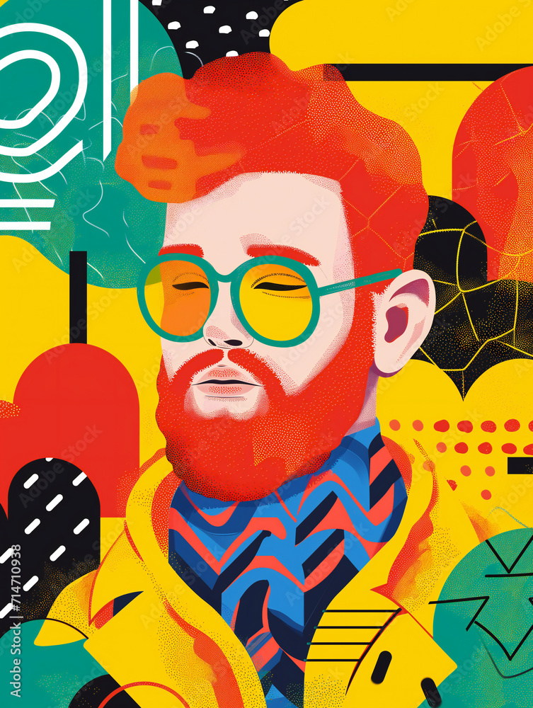 Fashionable red-haired man in yellow glasses on a cartoon background. Full face of a hipster with a beard. The concept of self-expression and freedom of choice among young people. Youth movement. 