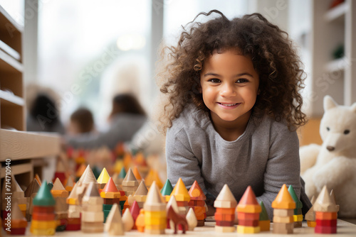 Portrait of a dark-skinned African American happy child playing in a kindergarten or children's room with wooden educational toys. Concept of leisure, development, education.