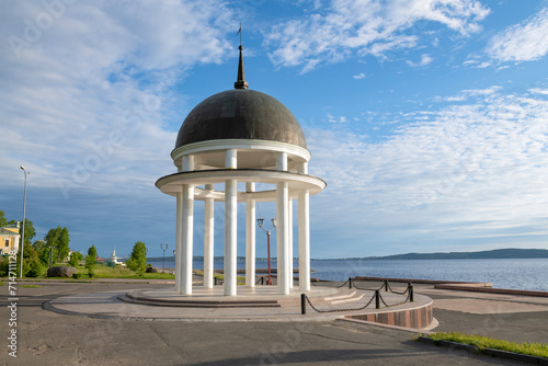 Rotunda gazebo on Onega lake in the early June morning. Petrozavodsk, Kareli. Russia photo