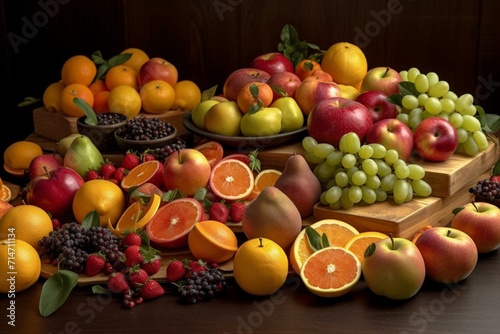 Assorted fresh fruits displayed with colorful and diverse presentation including apples, strawberries, oranges... Generative AI