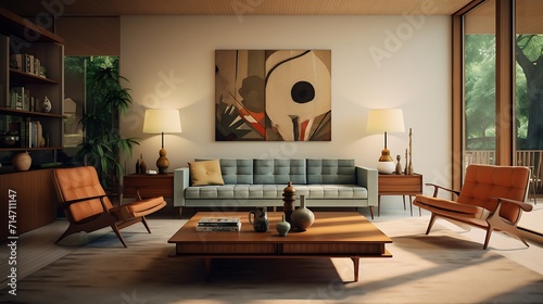 A living room with a mid-century modern aesthetic. © Muhammad