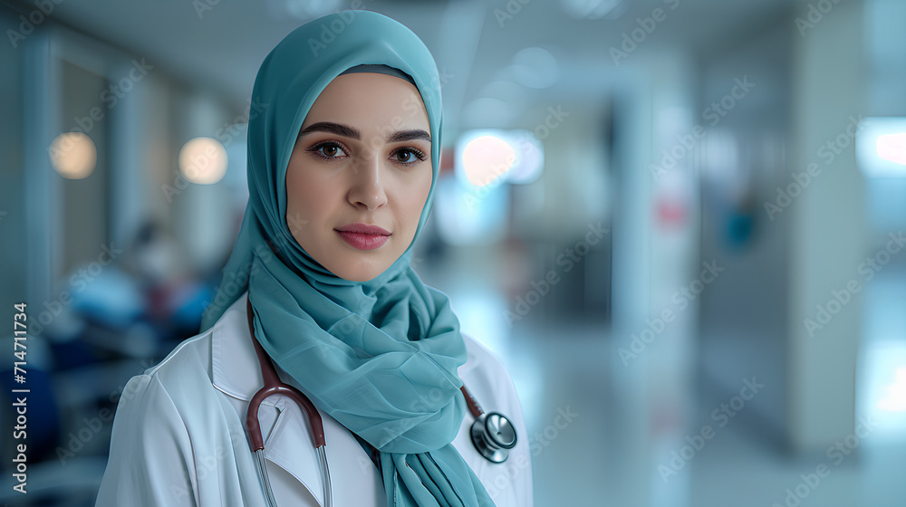 Portrait of Young Muslim Woman Doctor in Hijab Standing in Hospital, Wearing Stethoscope - Healthcare Professional Portrait