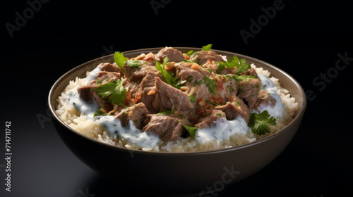 A bowl of Jordanian mansaf, a rich dish of lamb cooked in a tangy yogurt sauce and served with rice