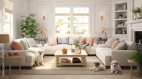 A pet-friendly living room with durable and washable materials.