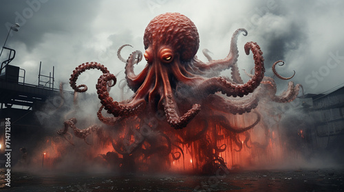 A giant red octopus, with splashes of black and white smoke , generate AI