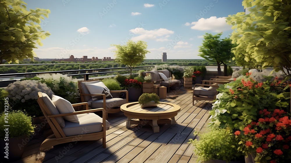 A rooftop garden with lush greenery and seating areas.