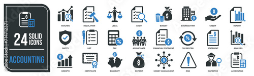 Accounting solid icons collection. Containing financial statement, inspecting, report, analysis etc icons. For website marketing design, logo, app, template, ui, etc. Vector illustration.