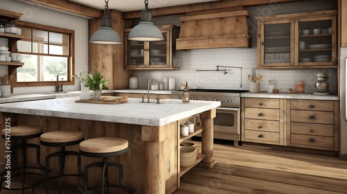 A rustic farmhokitchen with reclaimed wood accents and a farmhosink.