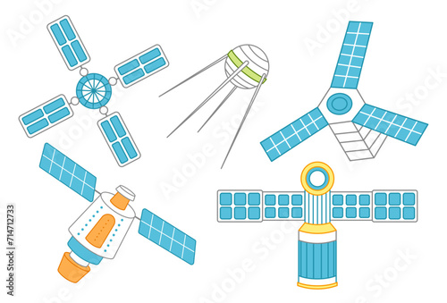Set of artificial satellites. Space satellites. Cartoon, vector