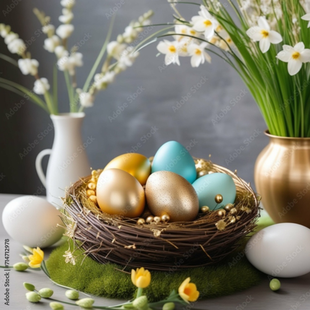 Nest with Easter eggs and green grass against a background of spring flowers and a stylish modern interior.
Nest with Easter eggs and green grass against a background of spring flowers and a stylish modern interior.