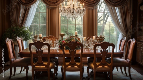 A traditional dining room with a classic dining set and elegant drapery.