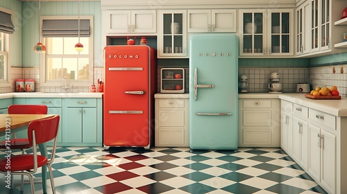 A vintage-inspired kitchen with retro appliances and checkerboard flooring.