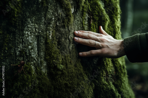 Hand on mossy trunk of tree trunk in the wild forest. Forest ecology. Wild nature, wild life © khozainuz