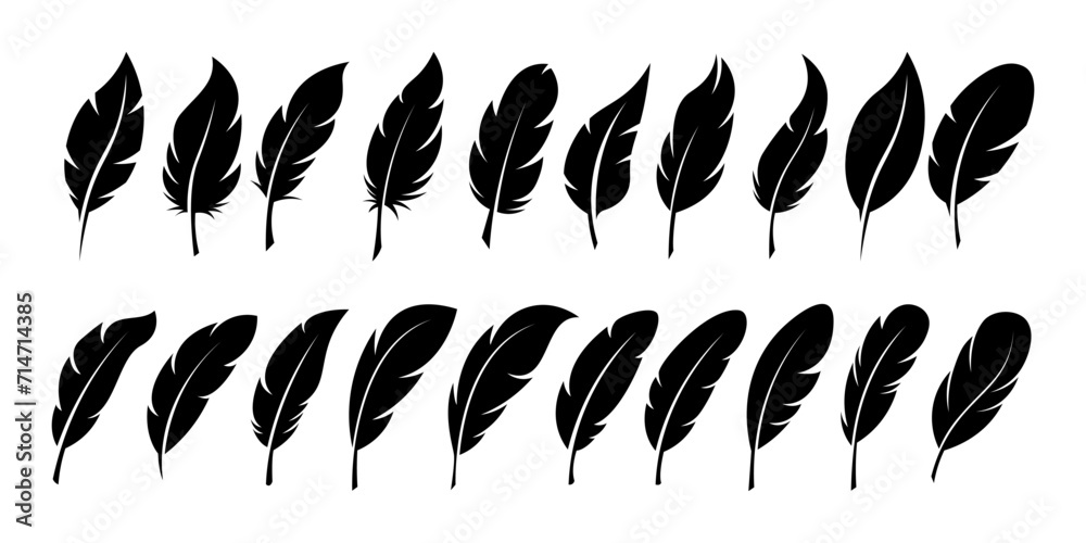 Set of Bird Feather. Feathers vector set in a flat style. Pen icon. Black quill feather silhouette. Plumelet collection isolated - obrazy, fototapety, plakaty 