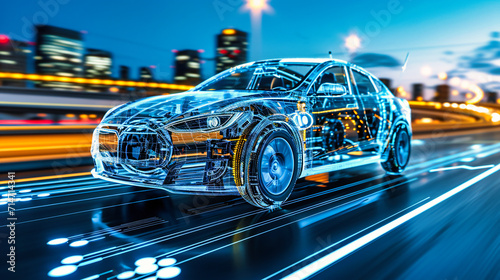 Abstract wireframe drawing of a fast-moving car on a futuristic city road.