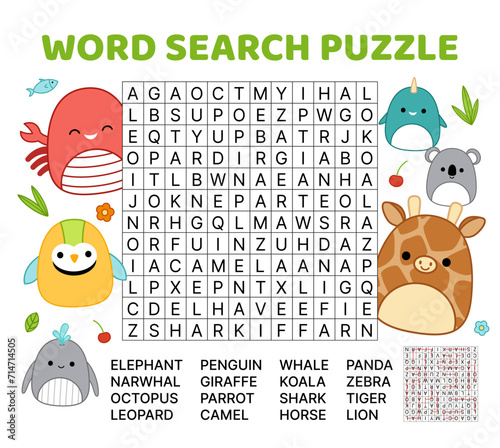 African animals. Word search game puzzle for kids. Squishmallow. English words. Cartoon, kawaii