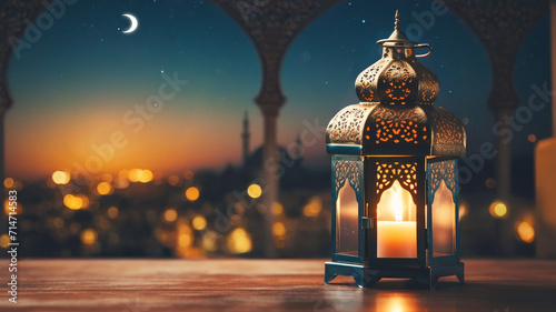 Eid-Ul-Adha festival celebration.Arabic Ramadan Lantern on wooden table.Decoration lamp. Crescent moon and the stars.