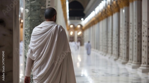 Rear view of Muslim man praying inside the mosque