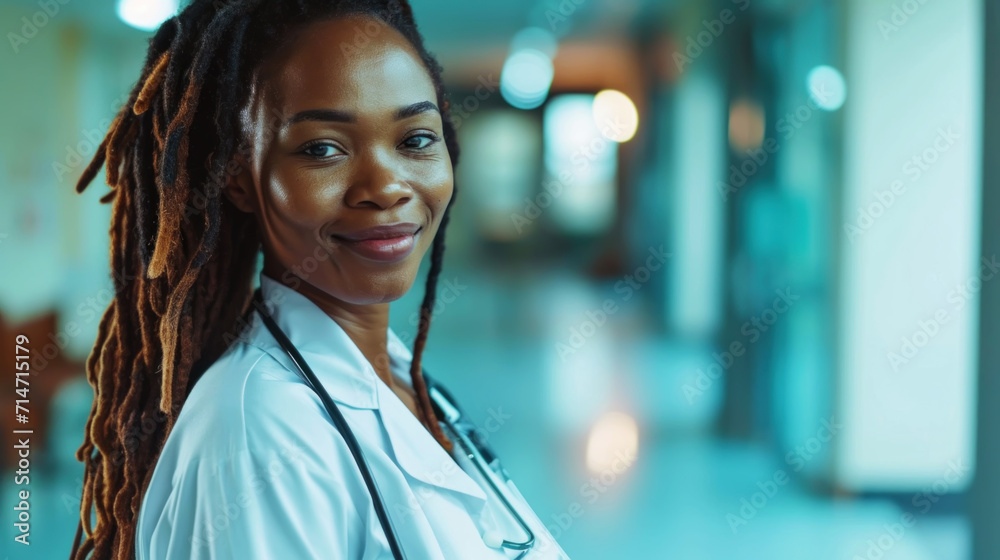 Obraz premium Smiling young African American woman doctor with dreadlocks. Medicine service and health care concept. Generative AI