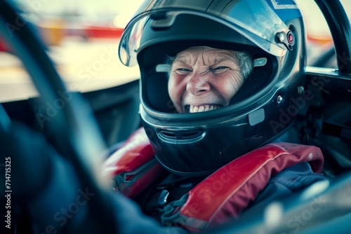 old woman inside a racing car, with helmet, the focus is her laughing, retirement concept. old age driving. extreme sport racing © Gasi